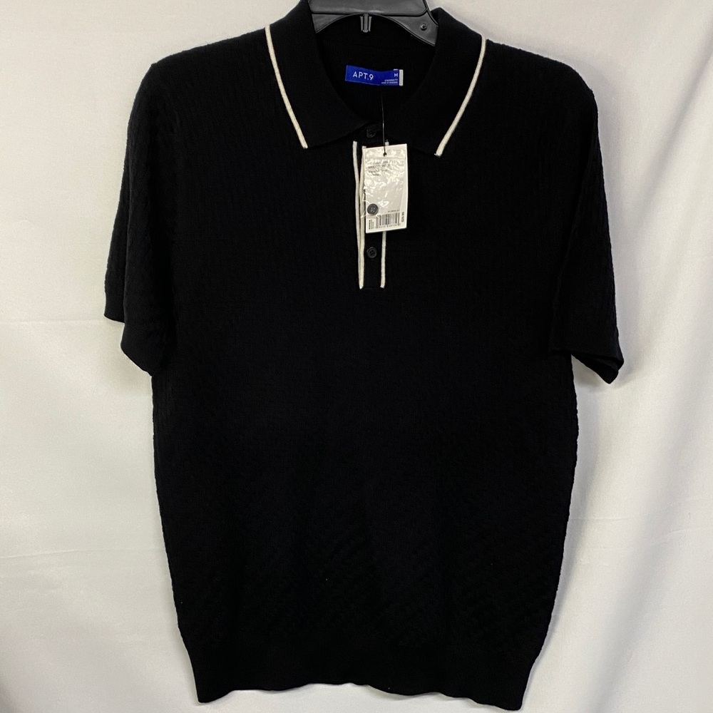 Apt. 9 Men's Black Sweater Polo White Accents Merino Blend Size M NWT